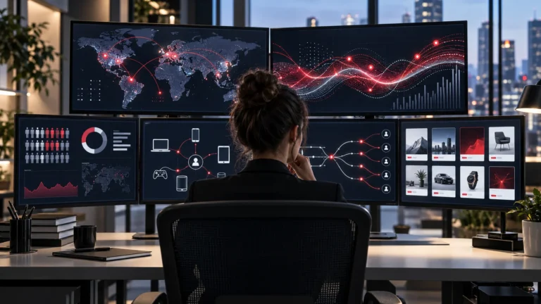 Advertising technology specialist monitoring automated media buying audience data and campaign signals