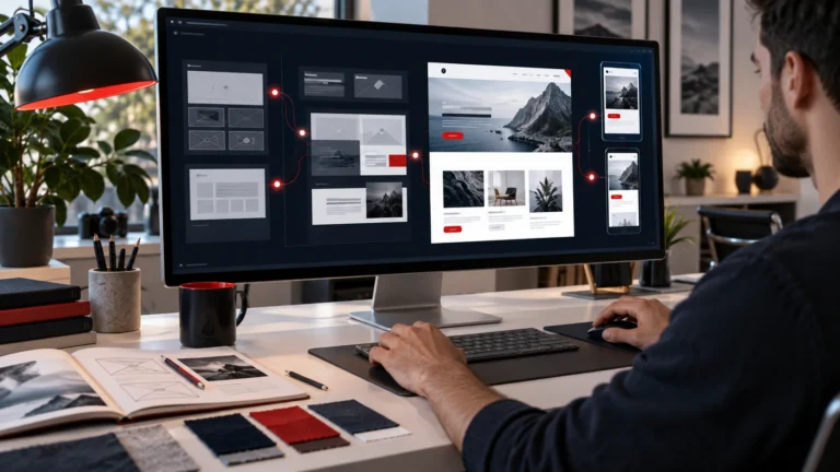 Web designer using AI-assisted tools to shape a modern responsive website interface