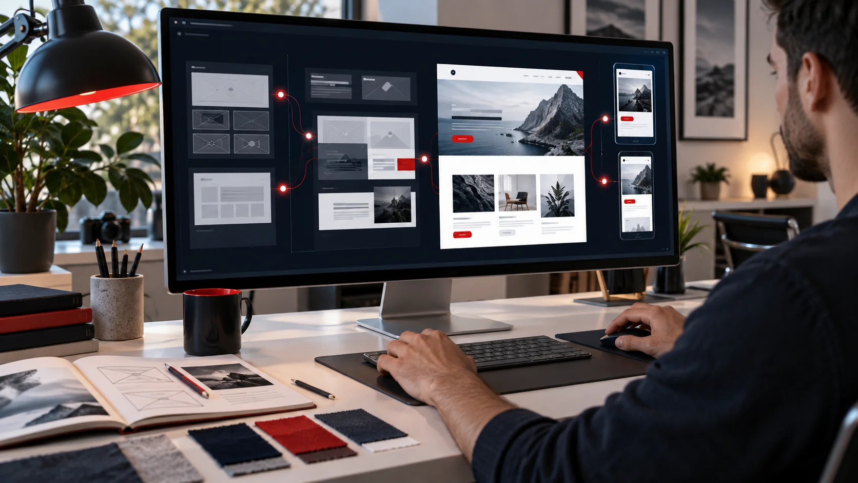 Web designer using AI-assisted tools to shape a modern responsive website interface