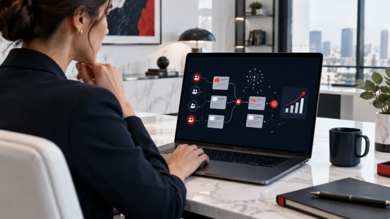 Marketing professional using AI-assisted email campaign workflows linked to business growth analytics