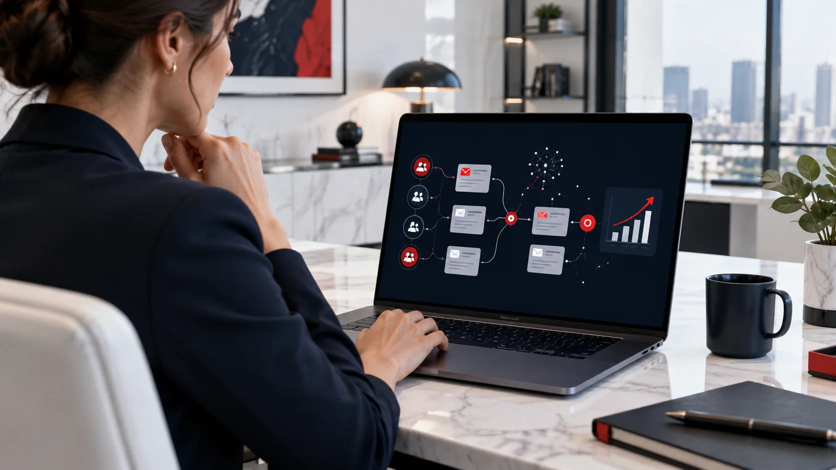 Marketing professional using AI-assisted email campaign workflows linked to business growth analytics