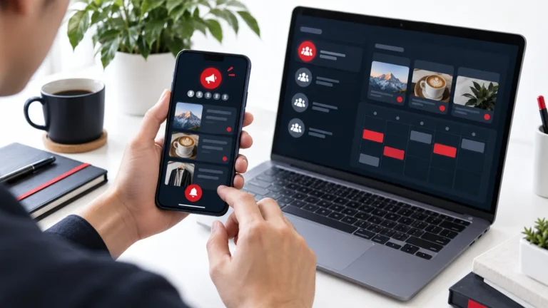 Business owner setting up a customer broadcast channel on a smartphone for updates and promotions