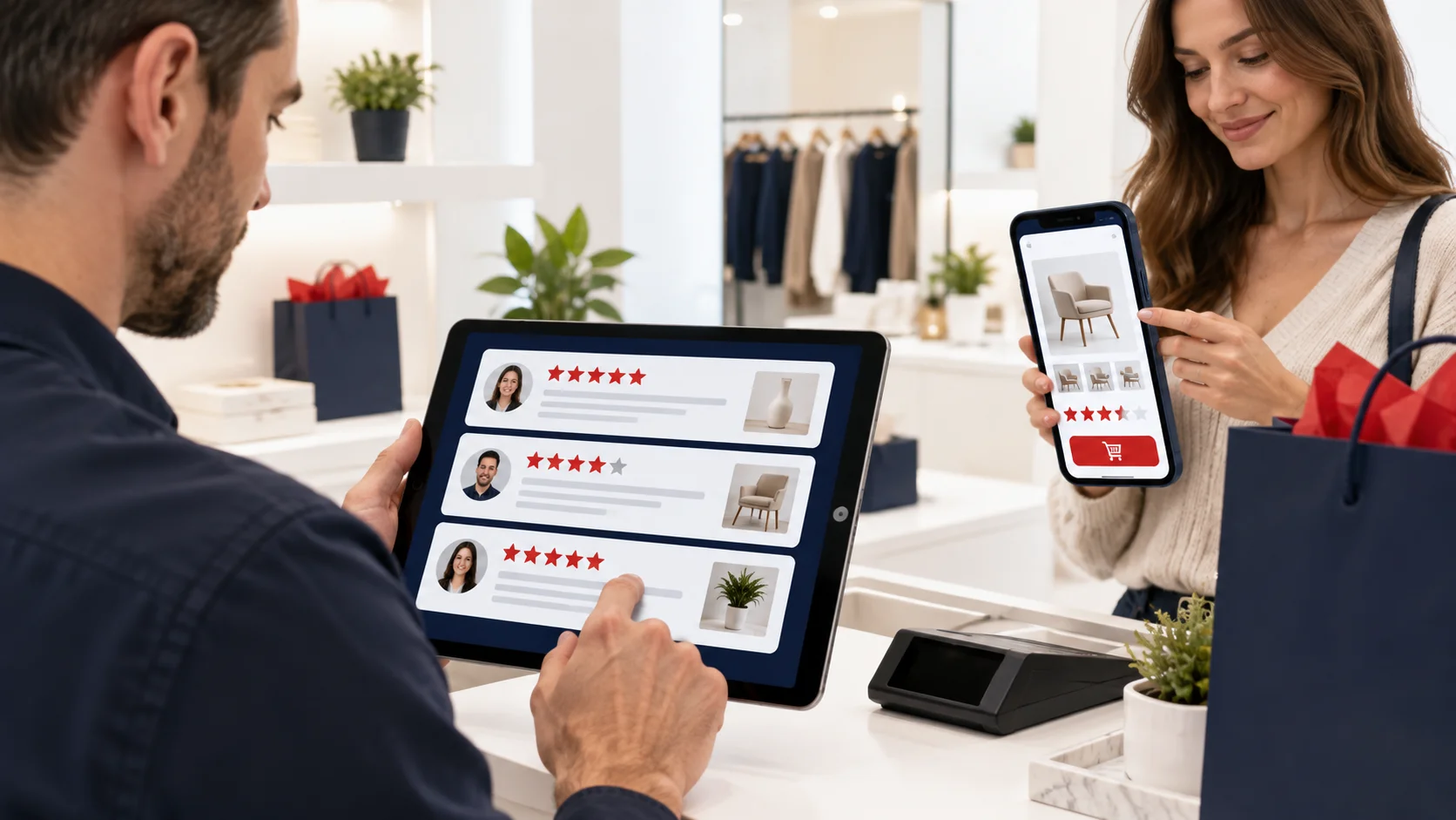 Business owner reviewing customer feedback and star ratings that build trust with new buyers