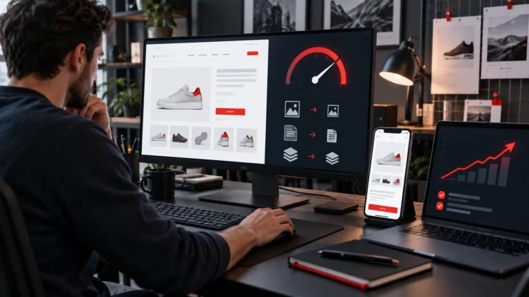 Developer optimising ecommerce website speed and page performance across desktop and mobile devices