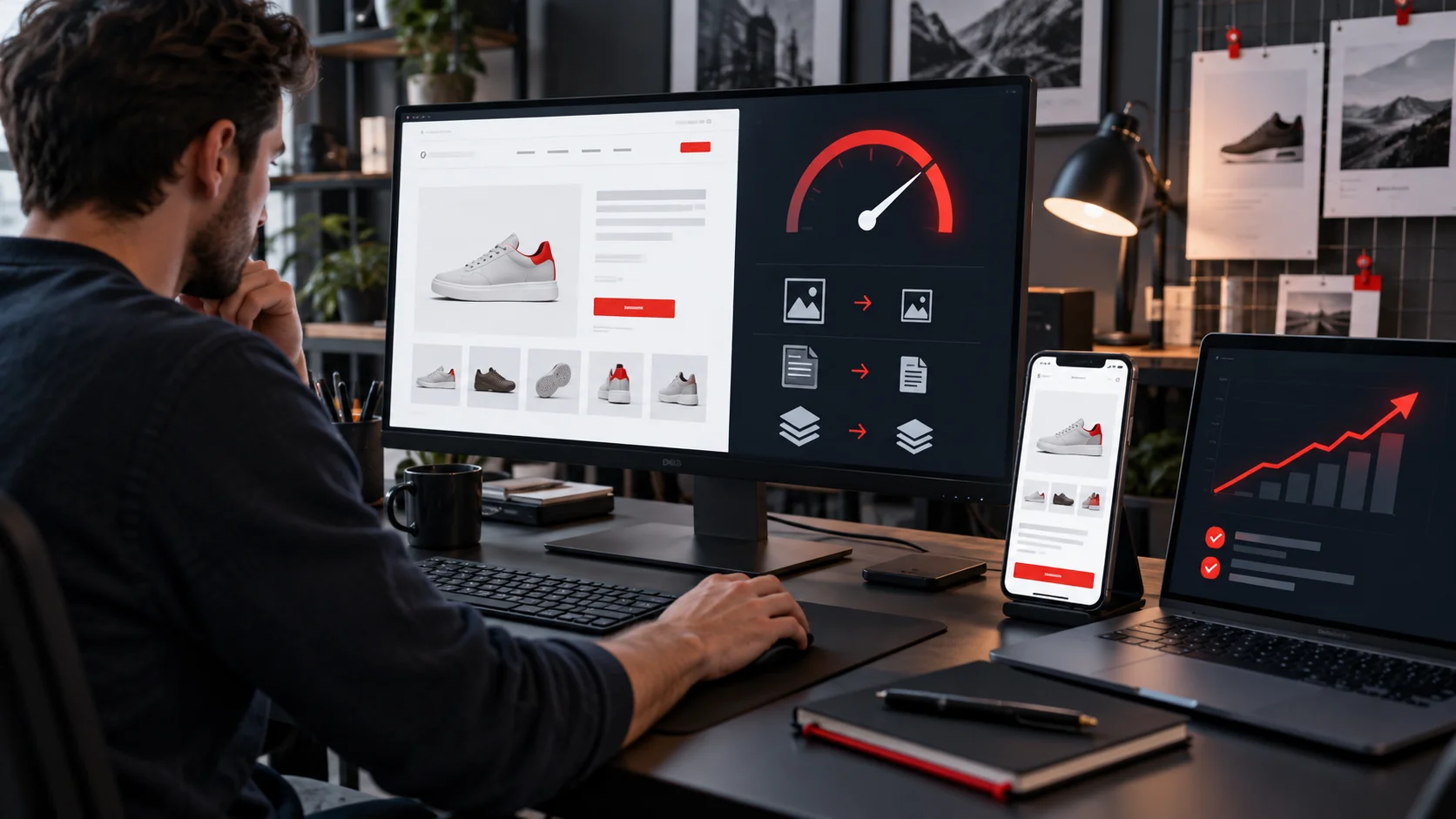 Developer optimising ecommerce website speed and page performance across desktop and mobile devices