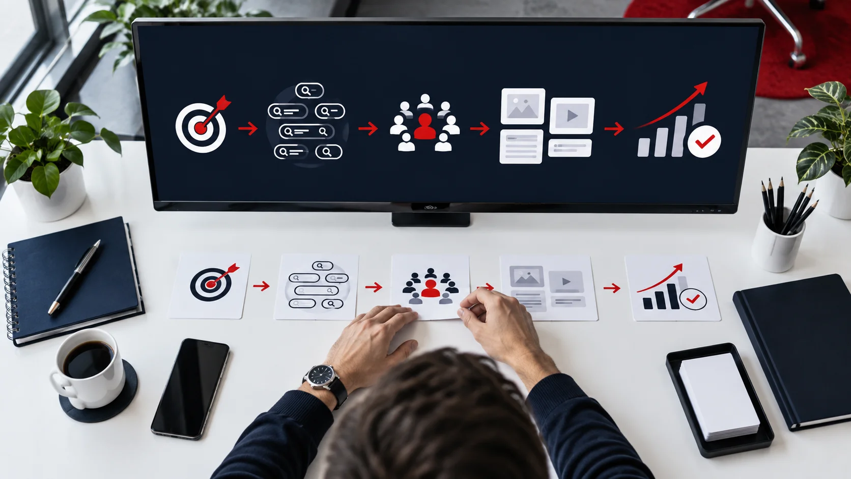 Paid search strategist mapping campaign goals keywords audiences ads and conversion measurement