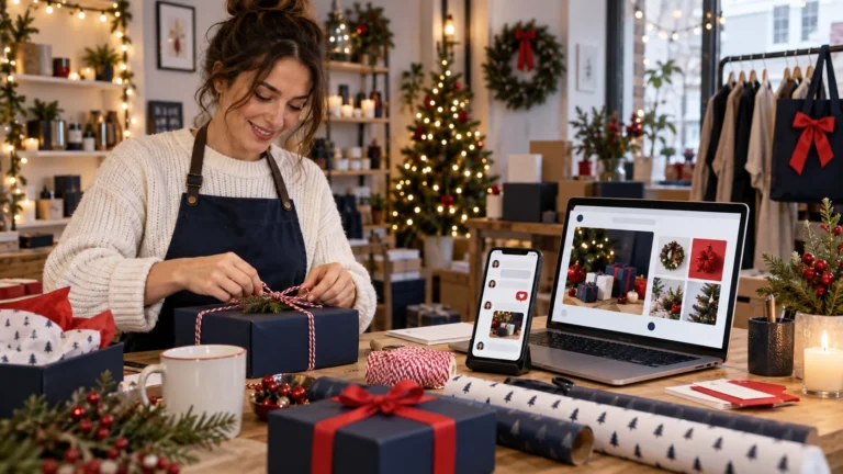 Small business owner preparing seasonal promotions social content gift offers and customer outreach