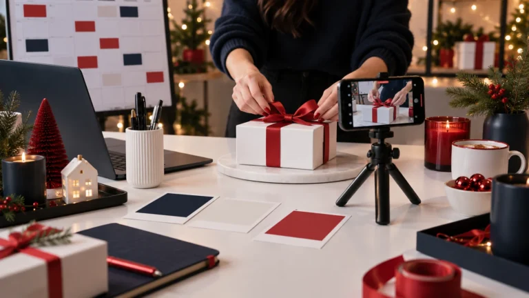 Content creator preparing seasonal social media photos videos and posts for a holiday campaign