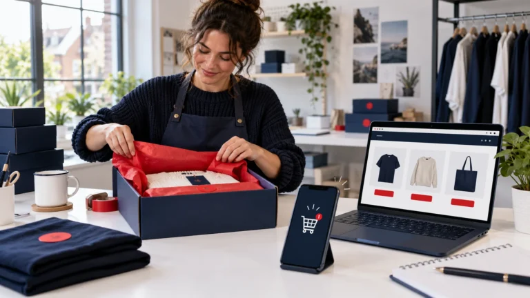 Independent business owner managing direct online sales through a branded ecommerce storefront