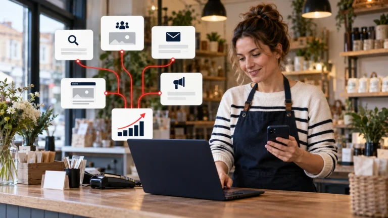 Small business owner growing sales through search social email and website marketing channels