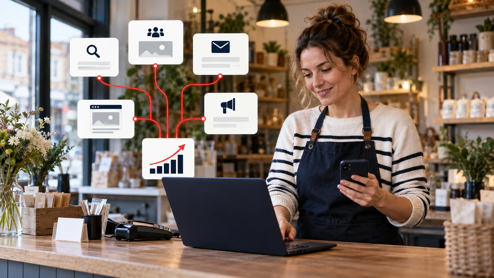 Small business owner growing sales through search social email and website marketing channels