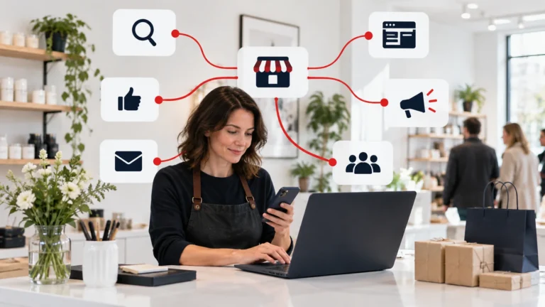 Independent business owner using five digital channels to reach customers and grow online visibility