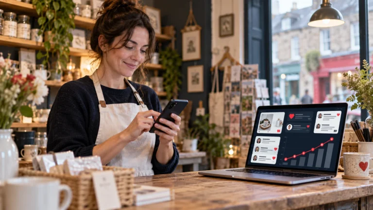Small business owner using social media to build customer engagement visibility and sales