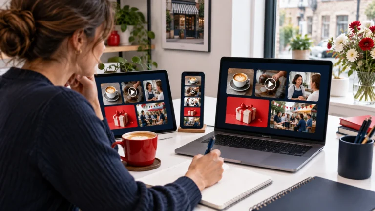 Small business owner planning posts customer replies short videos promotions and community engagement