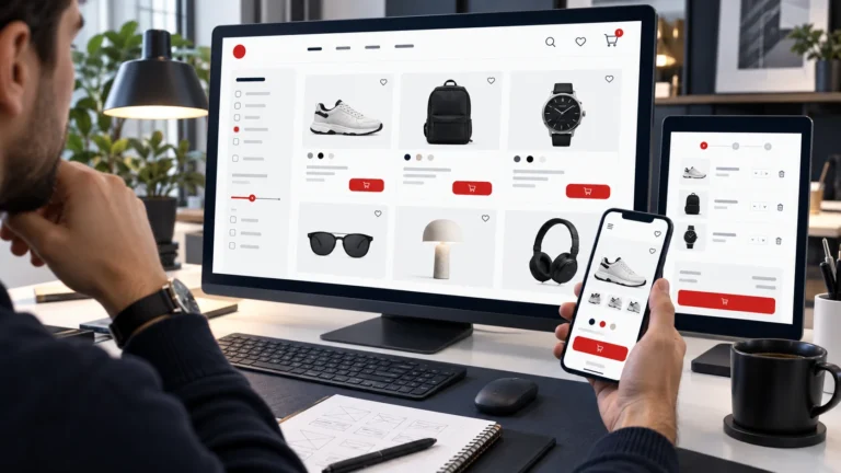 Designer creating a clean ecommerce interface with intuitive product browsing and checkout flow