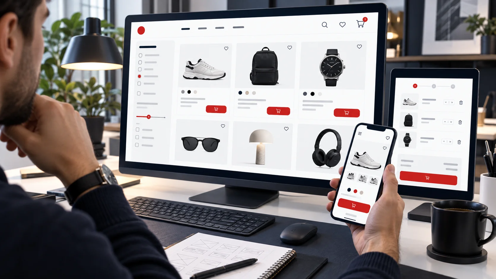 Designer creating a clean ecommerce interface with intuitive product browsing and checkout flow