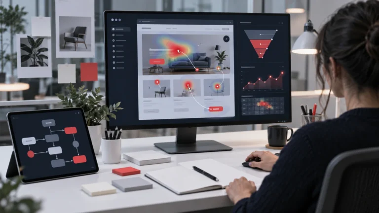 UX researcher analysing user journeys heatmaps and interaction patterns on a website prototype
