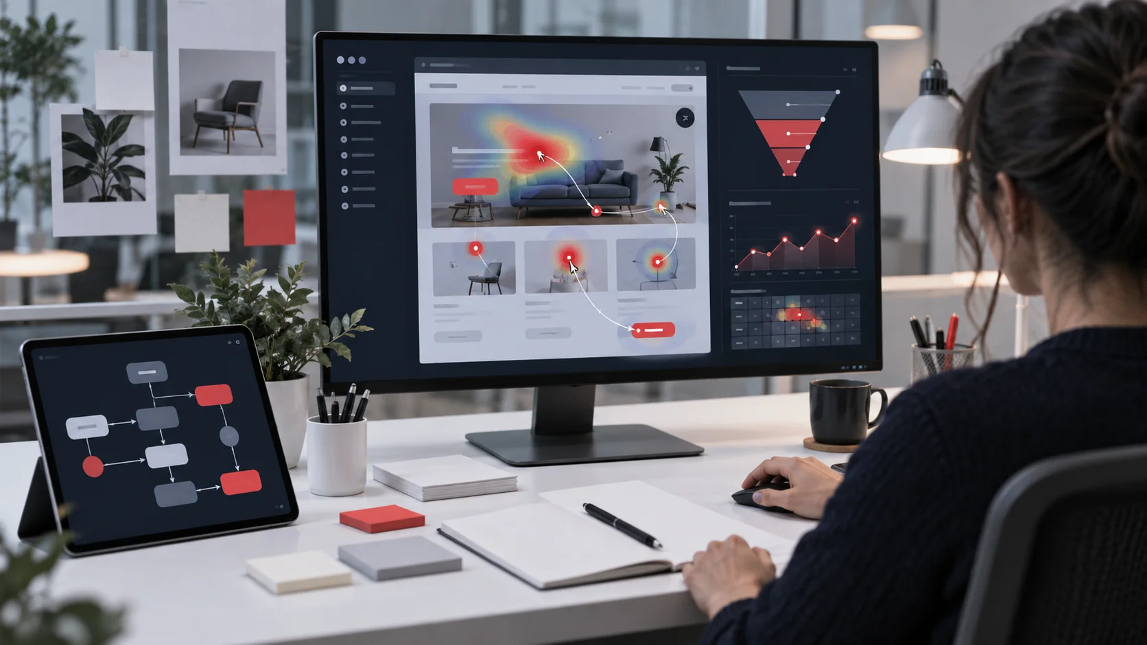 UX researcher analysing user journeys heatmaps and interaction patterns on a website prototype