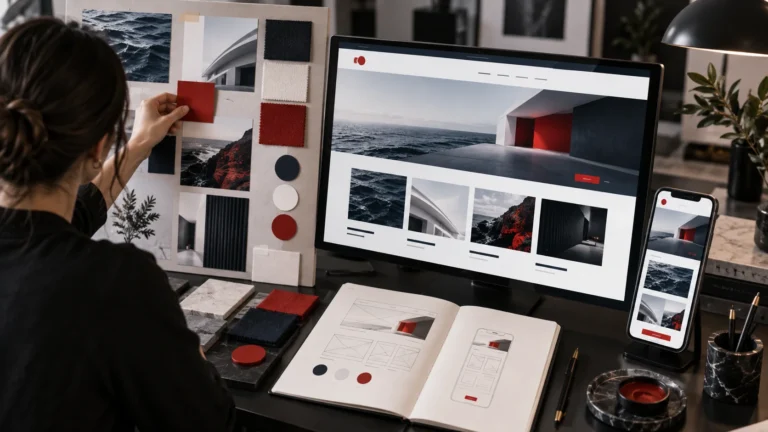 Designer applying a consistent brand identity across website layouts colours imagery and interface components