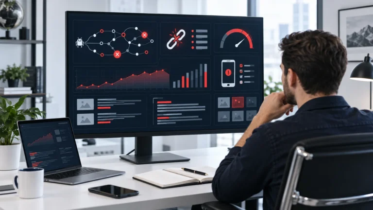 SEO specialist auditing technical website health search visibility links content and page speed