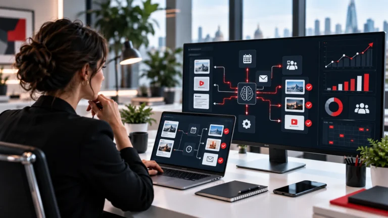 Marketing specialist overseeing automated digital campaign workflows across connected screens