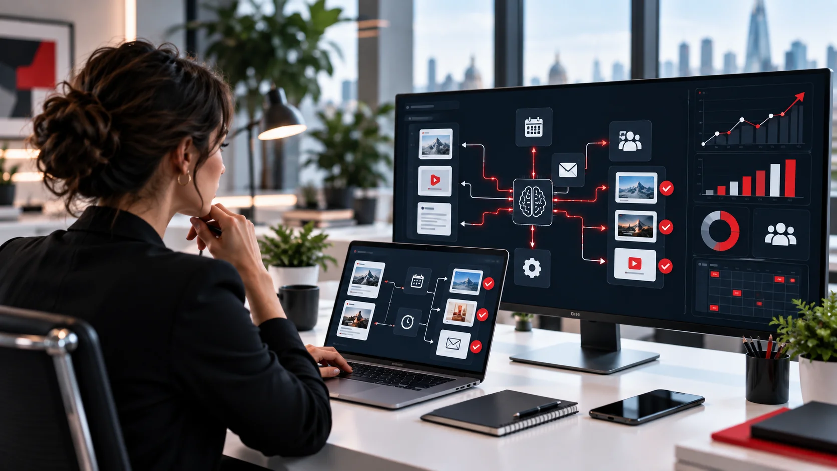 Marketing specialist overseeing automated digital campaign workflows across connected screens