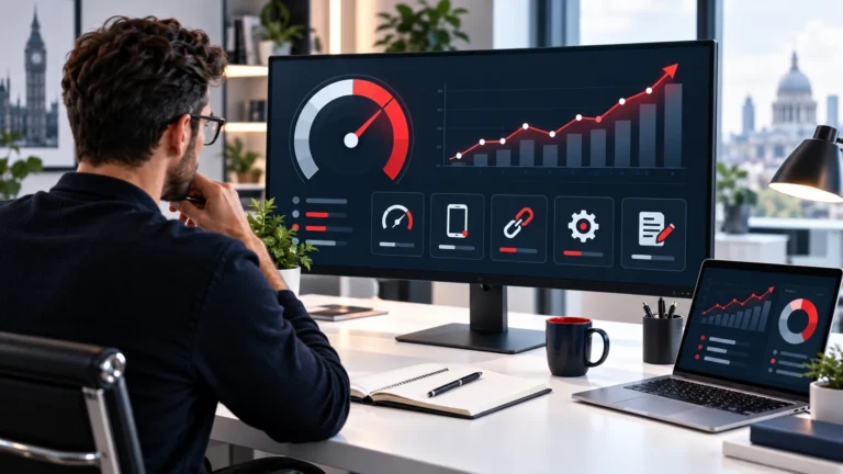 SEO analyst reviewing website performance indicators and ranking factors on a desktop screen