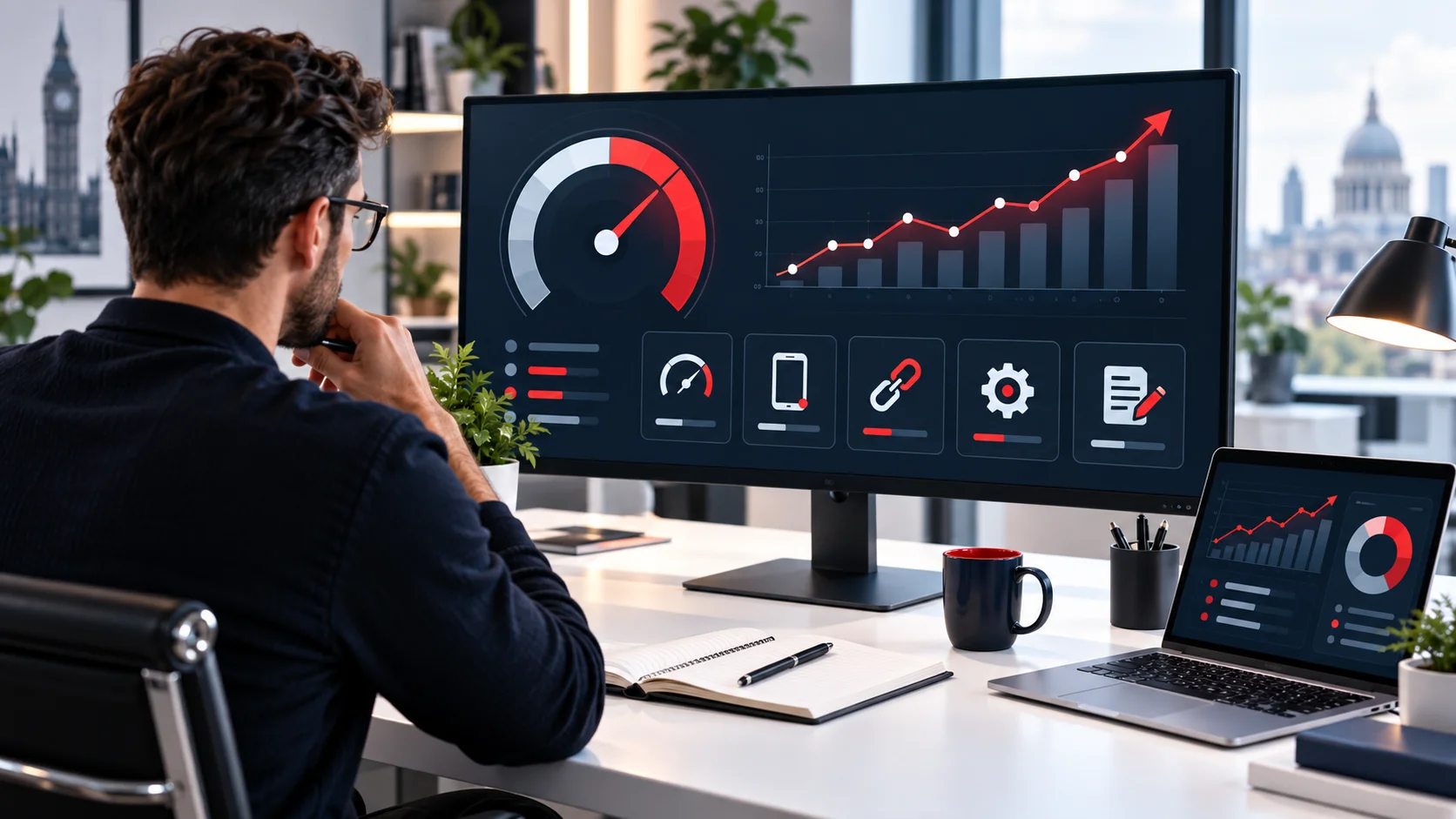 SEO analyst reviewing website performance indicators and ranking factors on a desktop screen