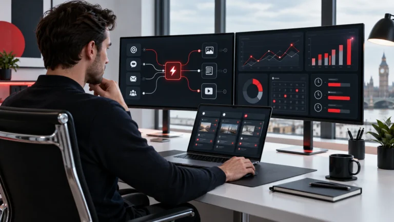 Marketing specialist overseeing automated digital campaign workflows across connected screens