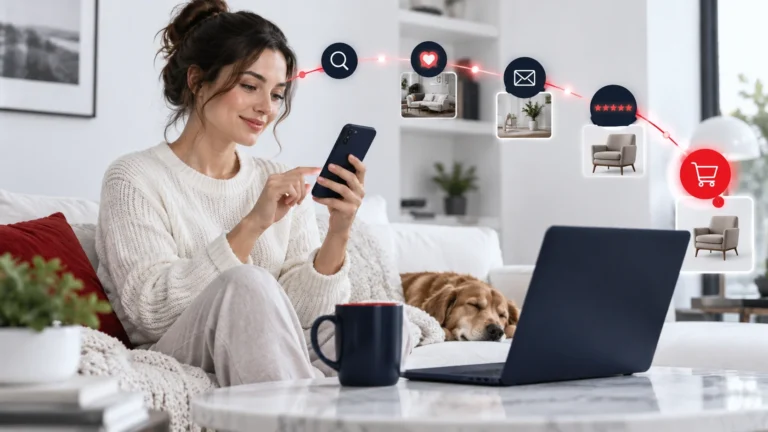 Consumer using a smartphone while digital touchpoints influence an online purchase decision