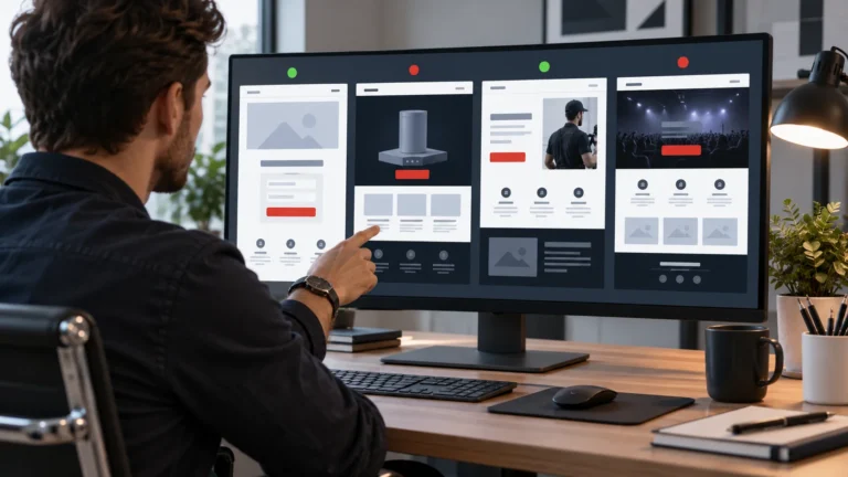 Web designer comparing four landing page layouts for conversion testing