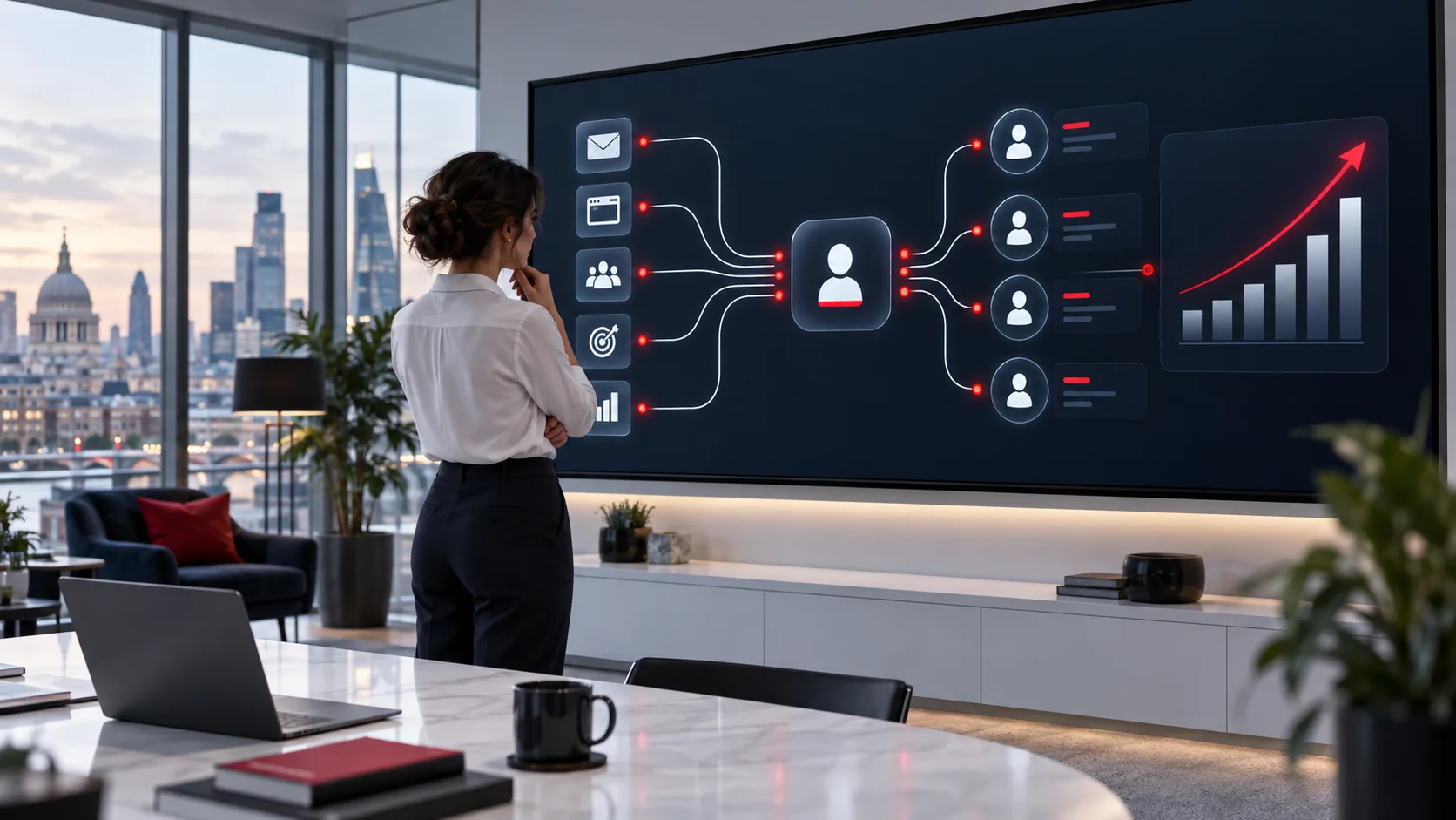 Automated marketing workflow connecting customer journeys with rising return on investment