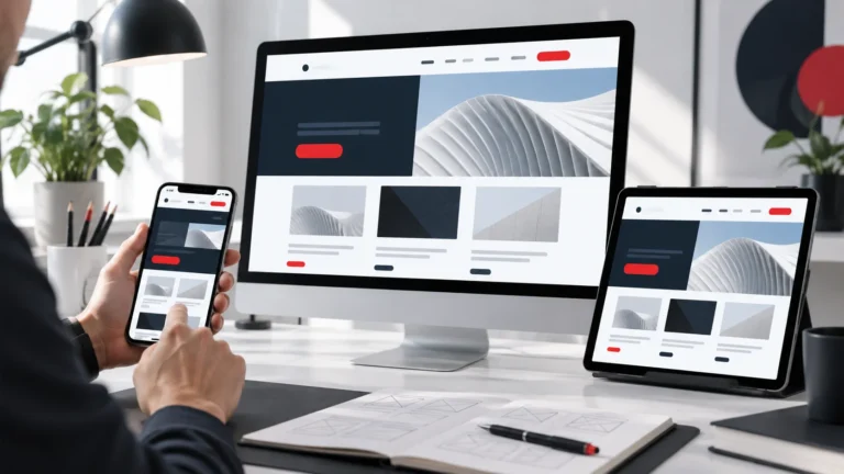 Designer comparing responsive website layouts across smartphone tablet and desktop devices