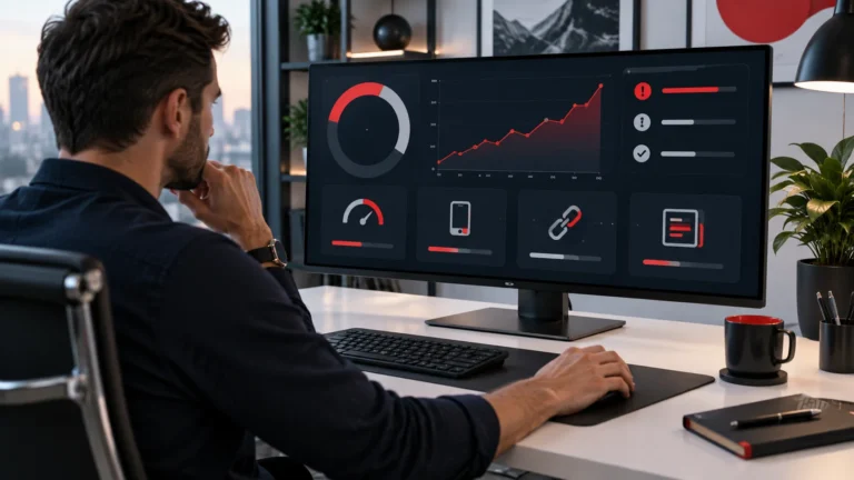 SEO analyst reviewing website performance indicators and ranking factors on a desktop screen