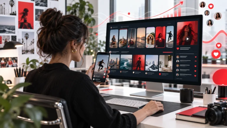 Social media manager reviewing emerging content formats and engagement patterns across devices