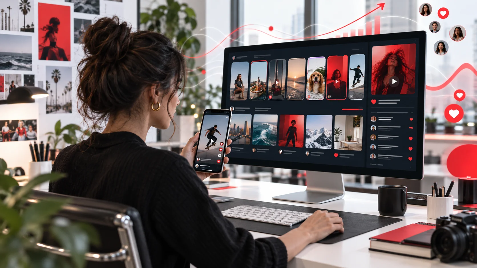Social media manager reviewing emerging content formats and engagement patterns across devices