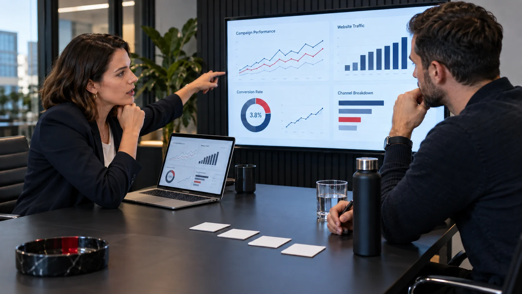 Client and agency team interpreting marketing performance data together and turning findings into prioritised next actions