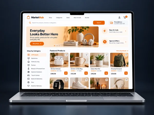 E-commerce marketplace with product grid and shopping cart