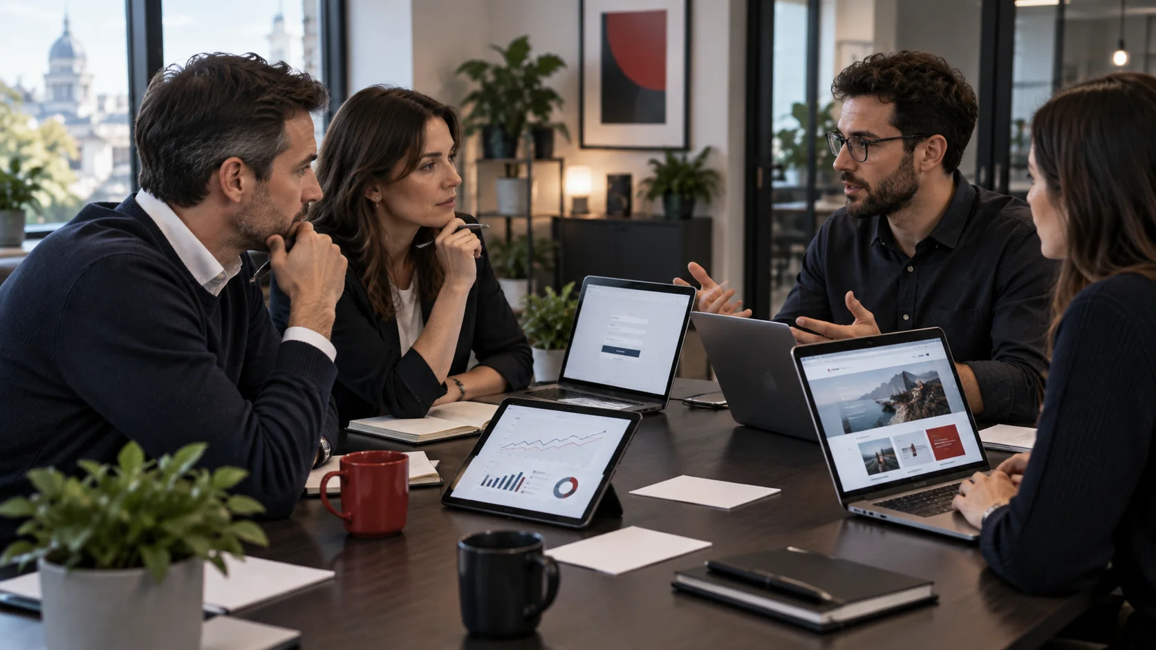 Business decision-makers questioning digital agency specialists while reviewing account access, reporting and website examples
