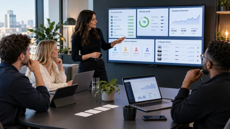 Client and digital agency team reviewing access, analytics, website audit, audiences and campaign history during first-month onboarding