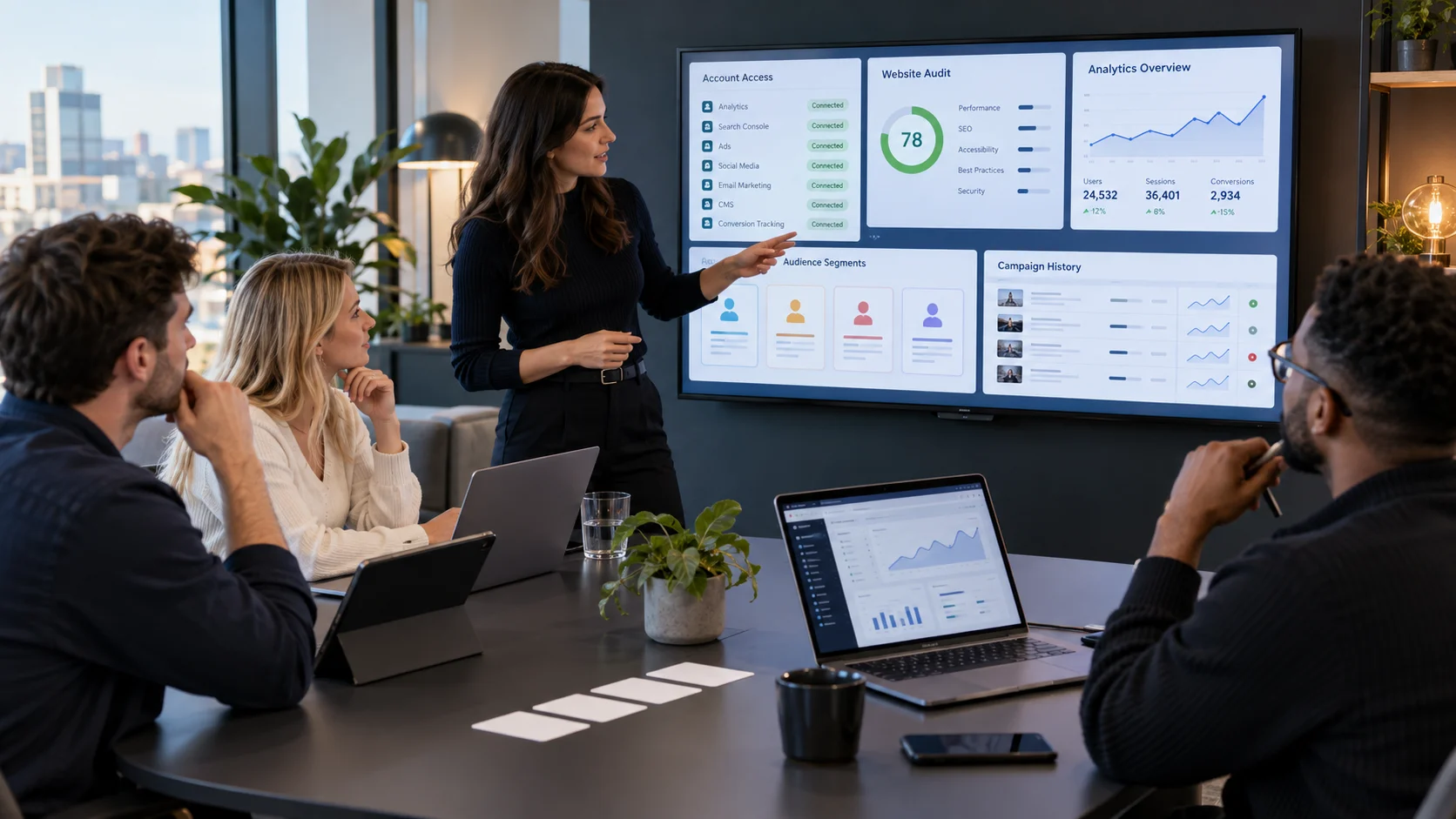 Client and digital agency team reviewing access, analytics, website audit, audiences and campaign history during first-month onboarding