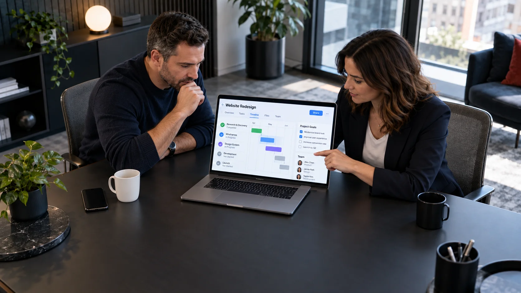 Business owner and strategist arranging website, tracking, search, campaign and content work into a three-phase improvement roadmap