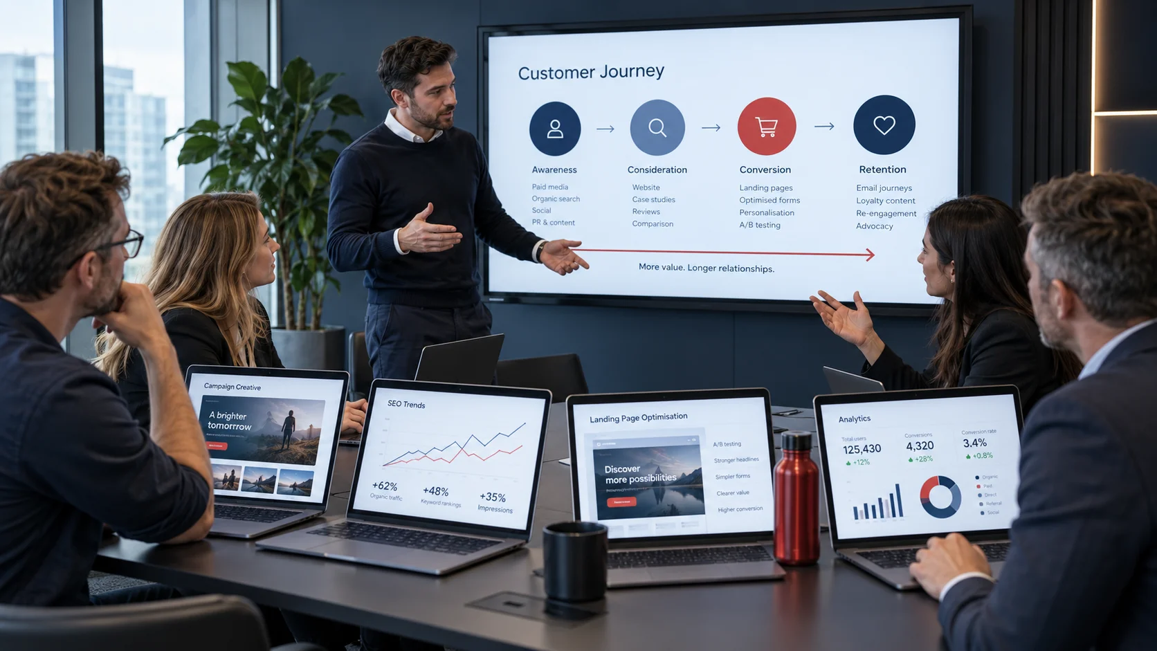 Digital strategist and client team reviewing campaigns, search visibility, landing pages and analytics as part of an ongoing service