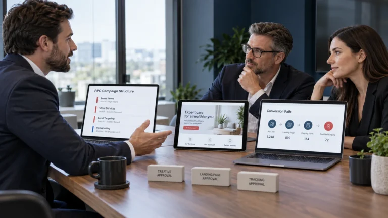 Healthcare business leaders evaluating a PPC agency using campaign structure, landing pages, tracking and approval workflow evidence