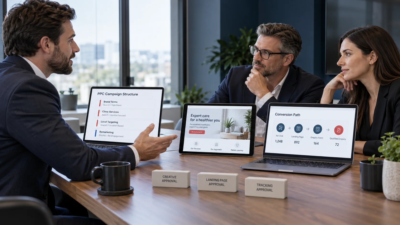 Healthcare business leaders evaluating a PPC agency using campaign structure, landing pages, tracking and approval workflow evidence