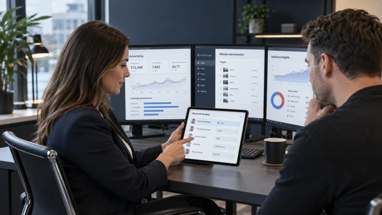 Business marketing manager reviewing ownership and access permissions for advertising, analytics and website accounts with a provider