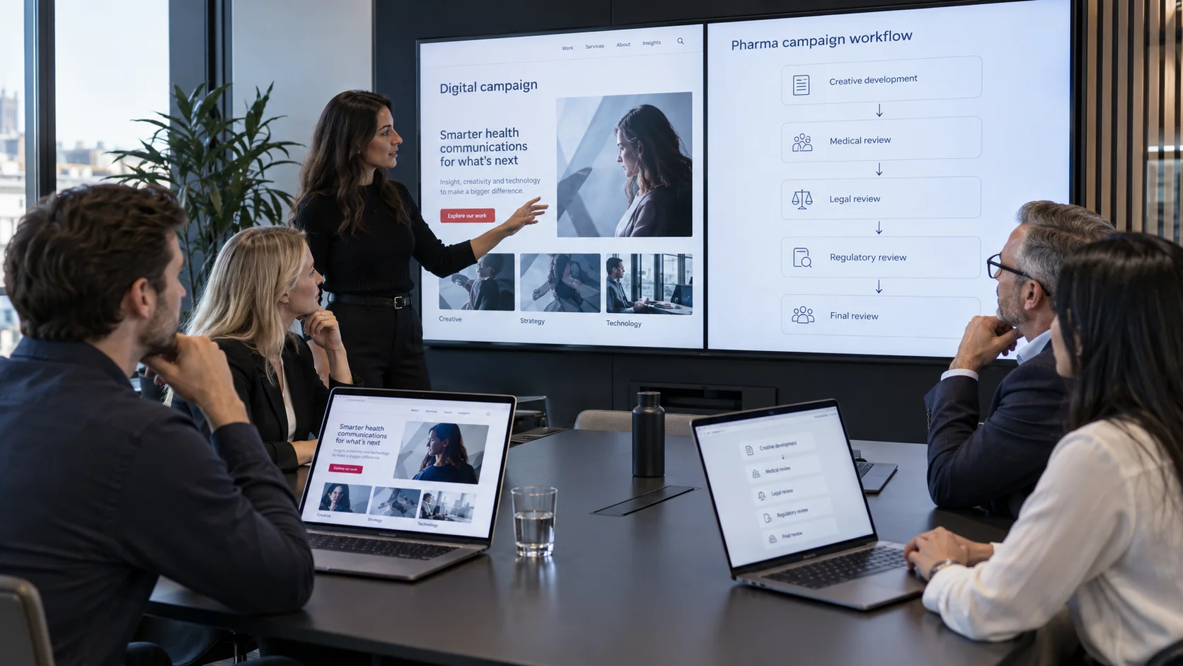 Digital agency and pharma team reviewing a campaign with additional internal governance stages compared with a typical B2B workflow