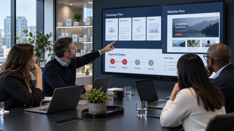 Pharma marketing and digital teams reviewing a structured website and campaign project brief in a UK office