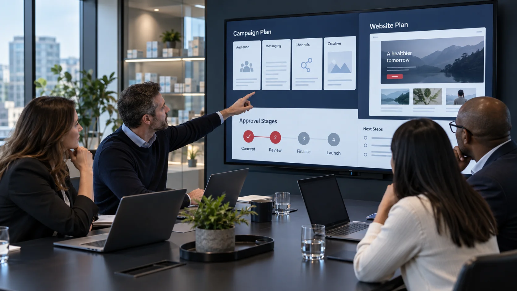 Pharma marketing and digital teams reviewing a structured website and campaign project brief in a UK office