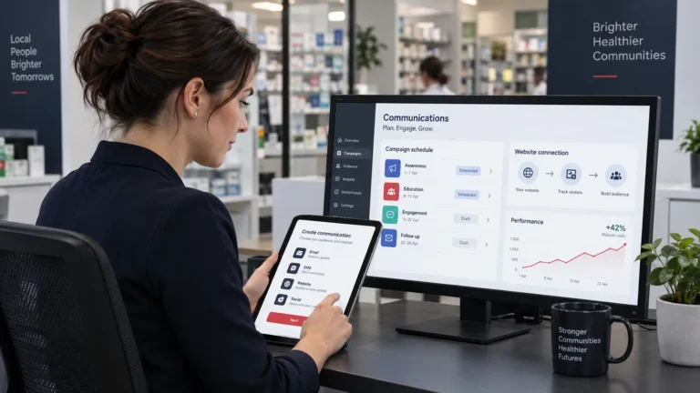 Community pharmacy manager reviewing generic marketing software, customer communication, website connections and performance reporting